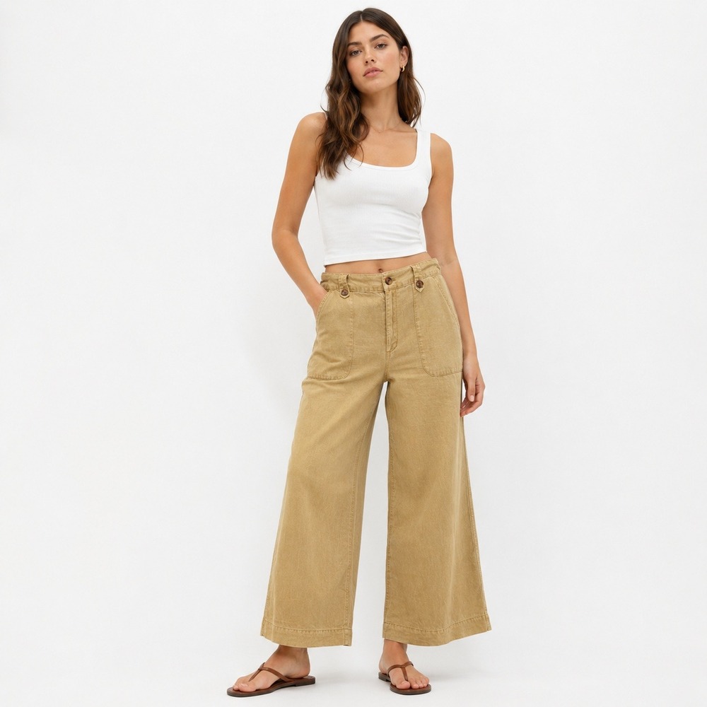 Cynthia Rowley Linen Blend Wide Leg Pants Women 8 Khaki Tan Utility Boho